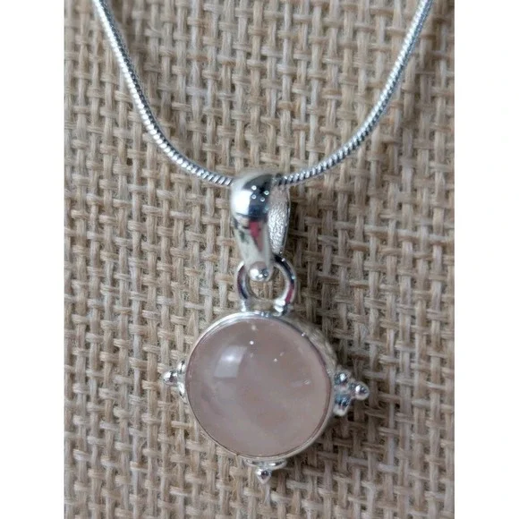 Sterling Silver Rose Quartz Pendant Necklace 925 Round Cabochon - Picture 3 of 5